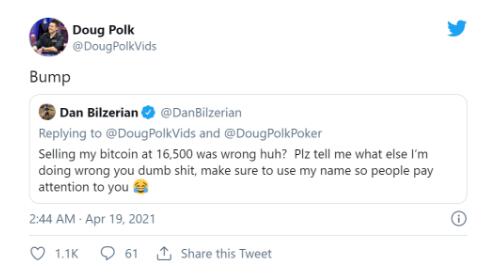 Doug Polk嘲讽Dan Bilzerian将比特币出售在$16,500